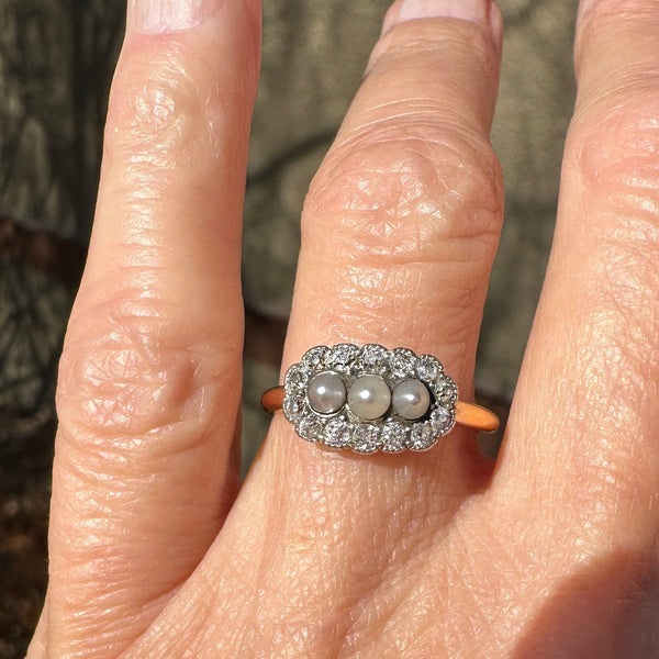 Antique Mine Cut Diamond Halo Natural Pearl Ring - Boylerpf