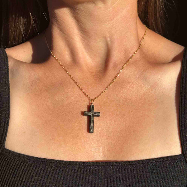 Antique Gold Inlay Pique Cross Pendant Necklace - Boylerpf