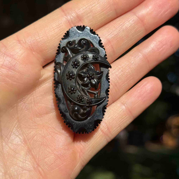 Victorian Carved Whitby Jet Crescent Moon Floral Brooch - Boylerpf