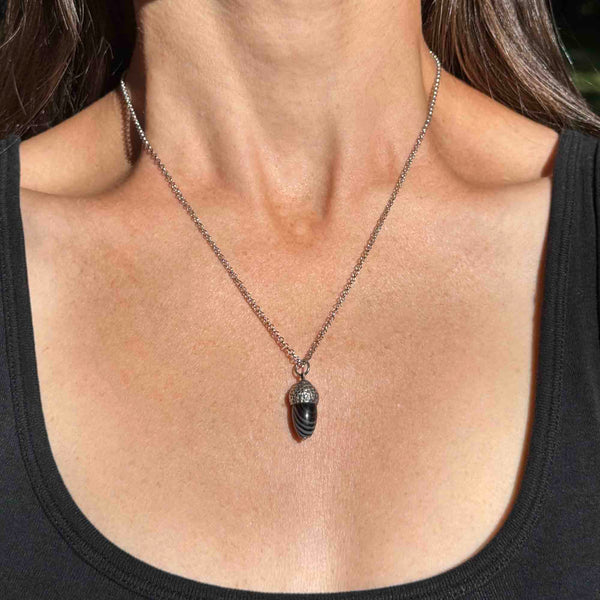 Arts and Crafts Silver Banded Agate Acorn Pendant Necklace - Boylerpf