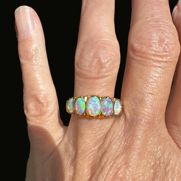 Vintage Gold Half Hoop Five Stone Opal Ring Band - Boylerpf