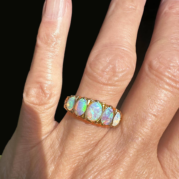 Vintage Gold Half Hoop Five Stone Opal Ring Band - Boylerpf