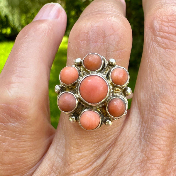Antique Arts & Crafts Silver Coral Cabochon Ring - Boylerpf