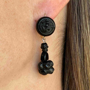 Antique Victorian Forget Me Not Whitby Jet Earrings - Boylerpf