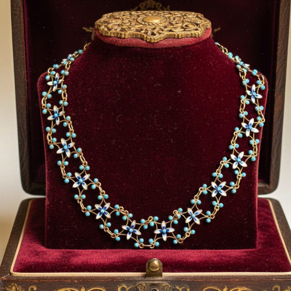 Antique CG Hallberg Swedish Enamel Silver Necklace, C. 1897