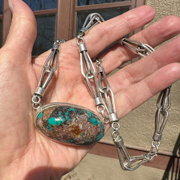 Heavy Arts & Crafts Style Silver Turquoise Necklace - Boylerpf