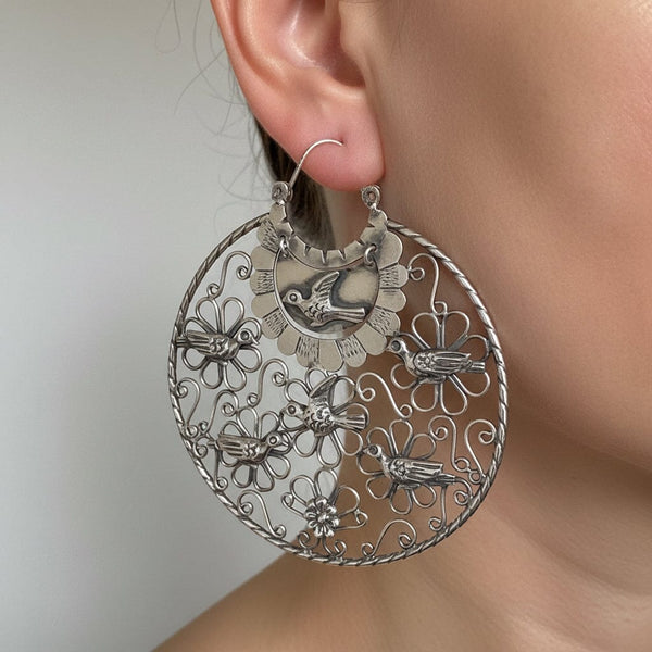Vintage Mexican Sterling Silver Filigree Dove Earrings, 3 1/4 inches