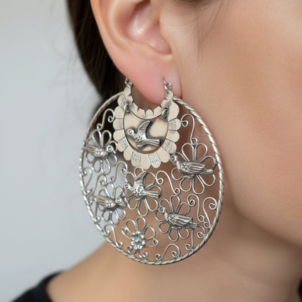Vintage Mexican Sterling Silver Filigree Dove Earrings, 3 1/4 inches