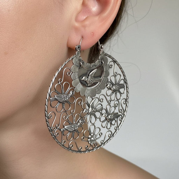 Vintage Mexican Sterling Silver Filigree Dove Earrings, 3 1/4 inches