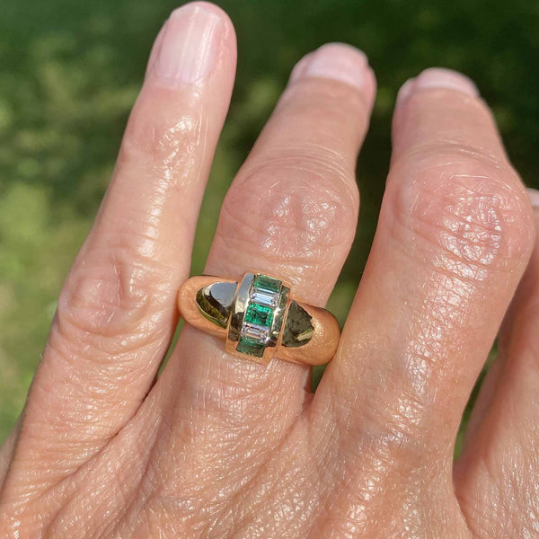 Vintage 18K Gold Roll Top Emerald Diamond Ring Band - Boylerpf