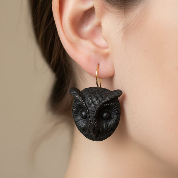 Antique Victorian Irish Bog Oak Owl Earrings, 9K Gold Hooks