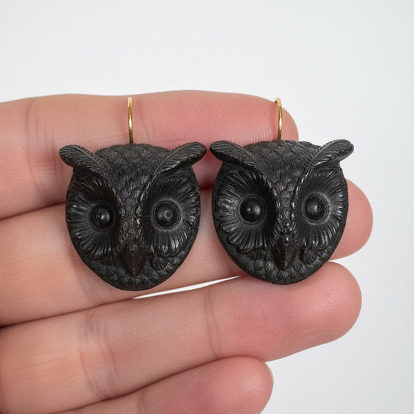 Antique Victorian Irish Bog Oak Owl Earrings, 9K Gold Hooks
