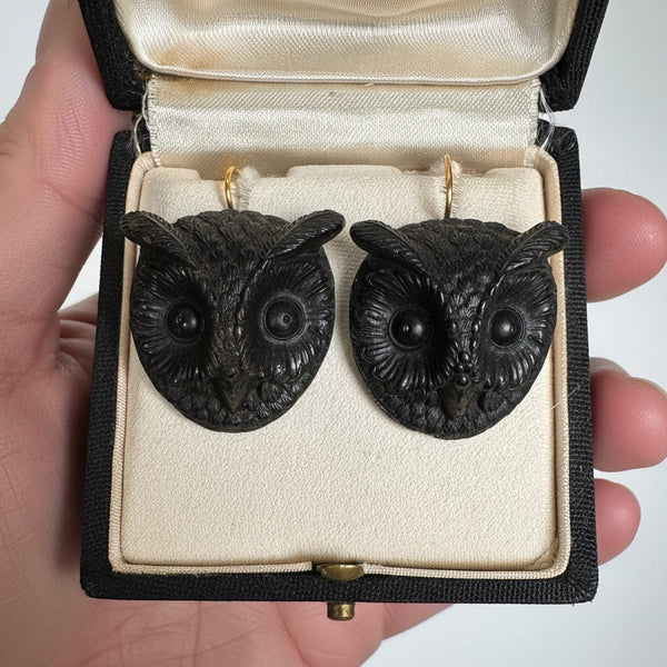 Antique Victorian Irish Bog Oak Owl Earrings, 9K Gold Hooks