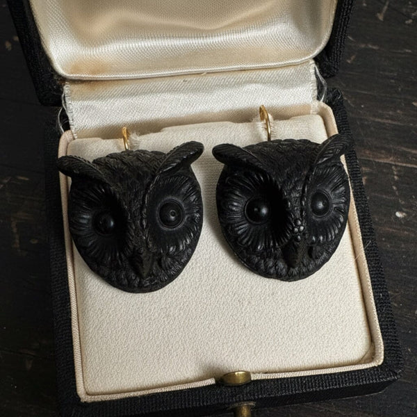 Antique Victorian Irish Bog Oak Owl Earrings, 9K Gold Hooks