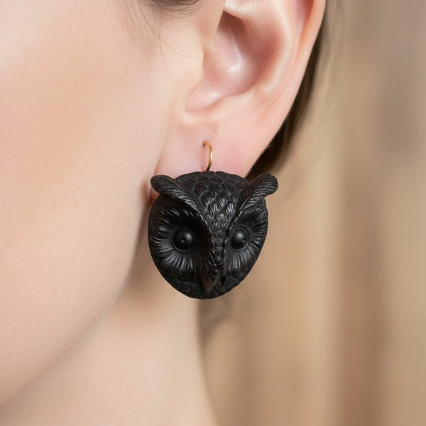 Antique Victorian Irish Bog Oak Owl Earrings, 9K Gold Hooks