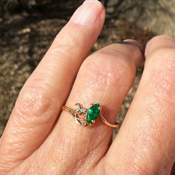 Vintage 10K Gold Bypass Diamond Marquise Emerald Ring - Boylerpf