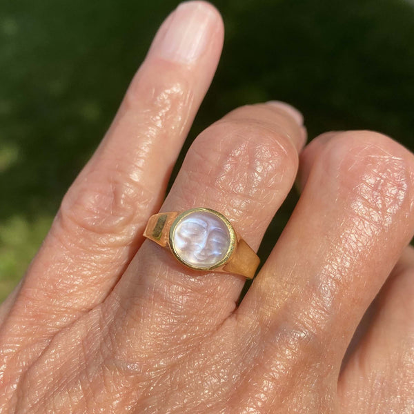 Carved Man in the Moon Moonstone Ring in 18K Gold - Boylerpf