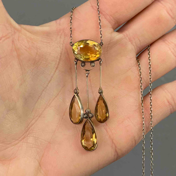 Antique Silver Citrine Art Deco Drop Pendant Necklace - Boylerpf