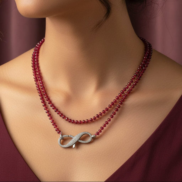 Long Garnet Bead Necklace Sterling Diamond Infinity Clasp