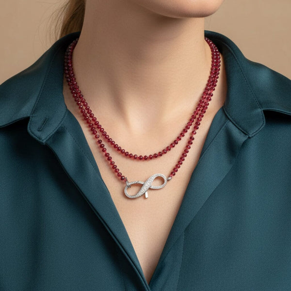 Long Garnet Bead Necklace Sterling Diamond Infinity Clasp