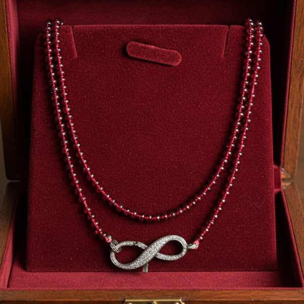 Long Garnet Bead Necklace Sterling Diamond Infinity Clasp