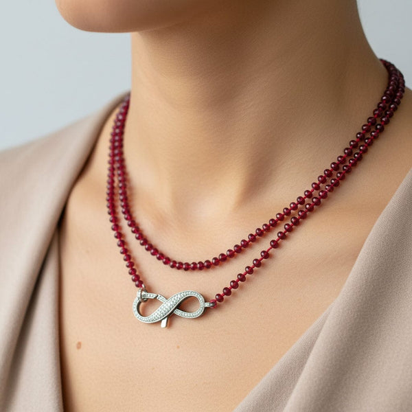 Long Garnet Bead Necklace Sterling Diamond Infinity Clasp