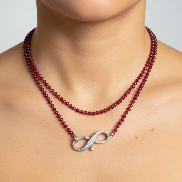 Long Garnet Bead Necklace Sterling Diamond Infinity Clasp