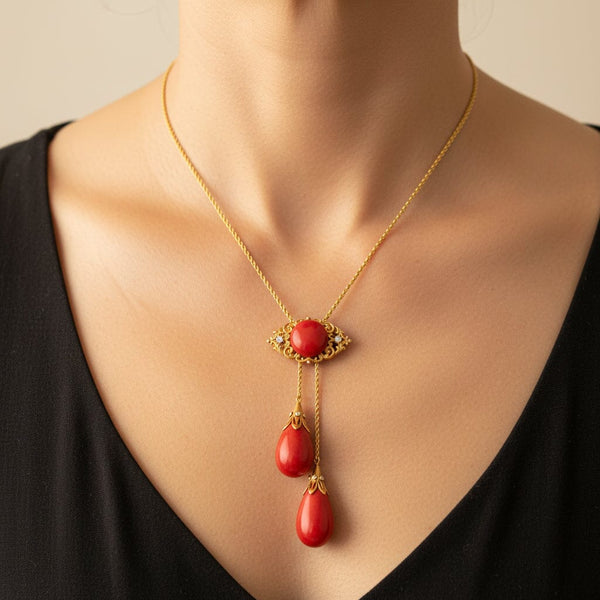 Antique Edwardian 18K Gold Coral Diamond Necklace