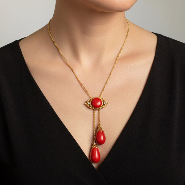 Antique Edwardian 18K Gold Coral Diamond Necklace