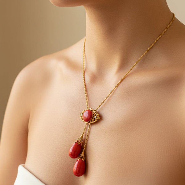 Antique Edwardian 18K Gold Coral Diamond Necklace