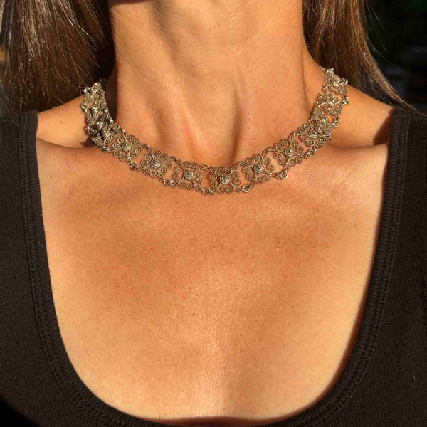 Vintage Art Deco Style Danish Silver Filigree Collar Necklace - Boylerpf