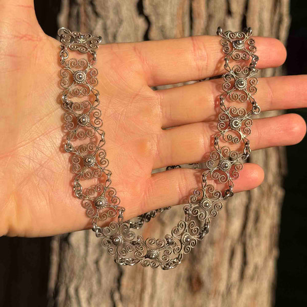 Vintage Art Deco Style Danish Silver Filigree Collar Necklace - Boylerpf