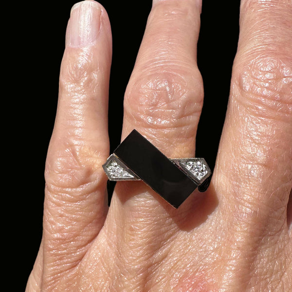 Vintage Heavy 14K Gold Diamond Rectangle Black Onyx Ring - Boylerpf