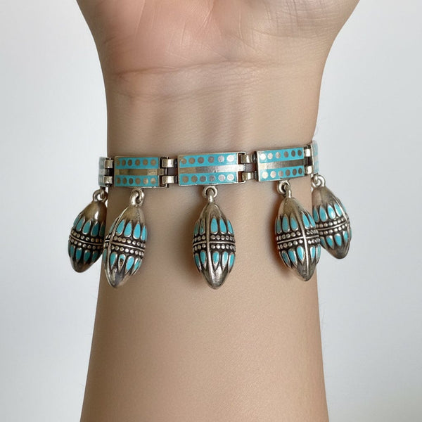 Margot de Taxco Turquoise Enamel Sterling Silver Charm Bracelet