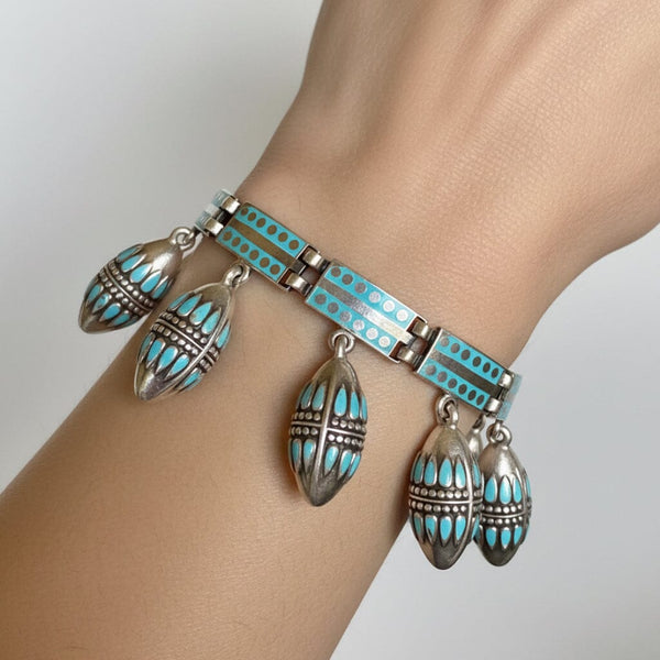 Margot de Taxco Turquoise Enamel Sterling Silver Charm Bracelet