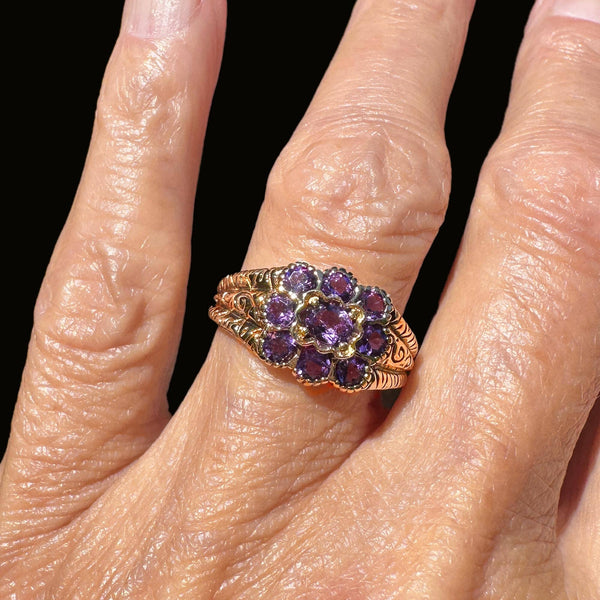 Wide Gold Engraved Band Floral Cluster Amethyst Ring - Boylerpf