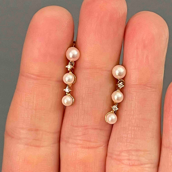 Vintage 14K Gold Diamond Pearl Drop Earrings - Boylerpf