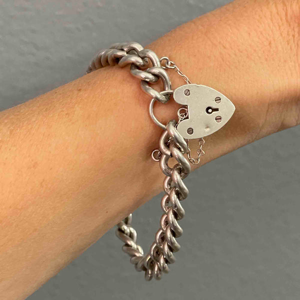 Antique Silver Heart Padlock Curb Chain Bracelet - Boylerpf