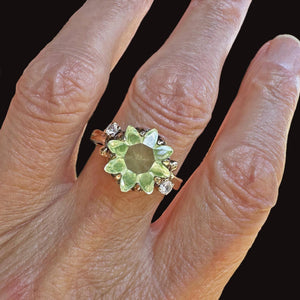 Retro Gold Floral Fancy Cut Green Spinel Ring, Sapphire Accents - Boylerpf