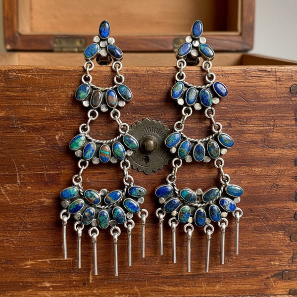 Federico Jimenez Azurite Malachite Sterling Earrings, 4 In.