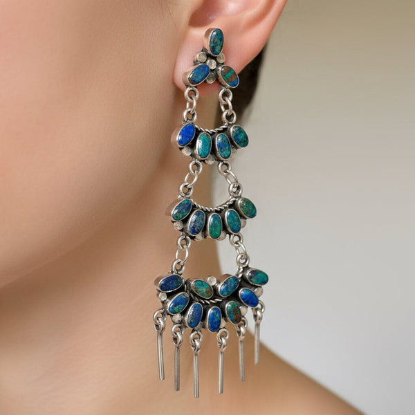 Federico Jimenez Azurite Malachite Sterling Earrings, 4 In.