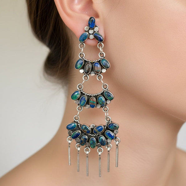Federico Jimenez Azurite Malachite Sterling Earrings, 4 In.