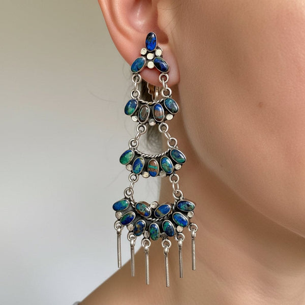 Federico Jimenez Azurite Malachite Sterling Earrings, 4 In.