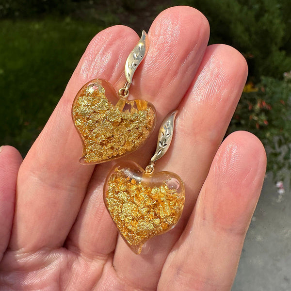 Vintage 14K Gold Witch's Heart Earrings, 24K Gold Flakes - Boylerpf