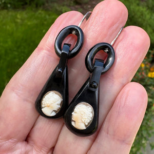 Antique Victorian Shell Cameo Whitby Jet Earrings - Boylerpf