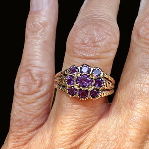 Wide Gold Engraved Band Floral Cluster Amethyst Ring - Boylerpf