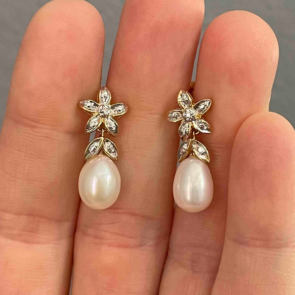 Vintage 14K Gold Flower Diamond Pearl Stud Drop Earrings - Boylerpf