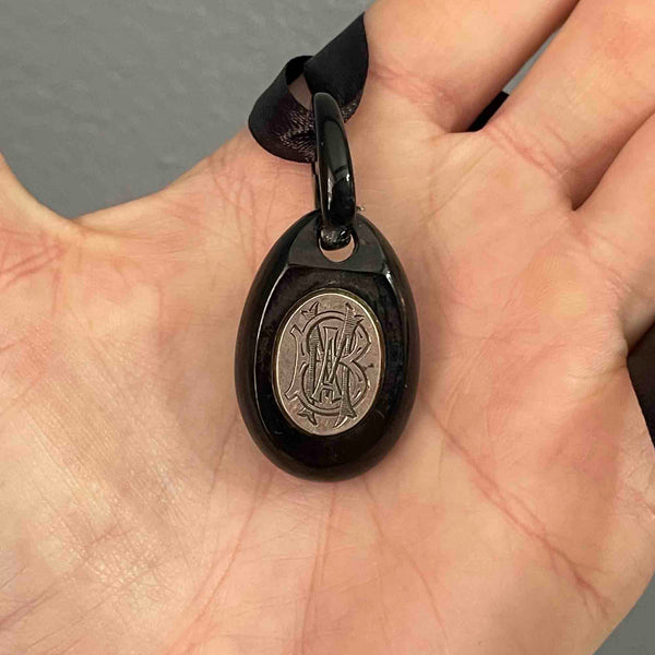 Antique Victorian Carved Whitby Jet Engraved Silver Initial Pendant - Boylerpf