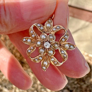 Antique Edwardian Mine Cut Diamond Pearl Pendant Brooch - Boylerpf