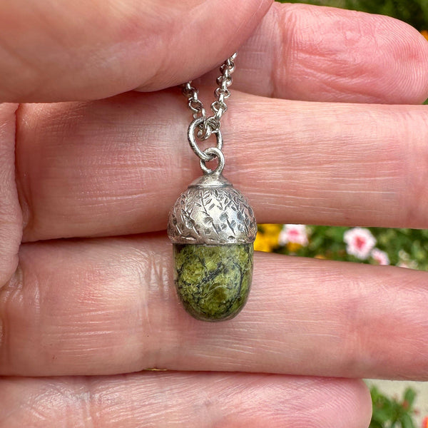 Arts & Crafts Silver Green Agate Acorn Charm Pendant - Boylerpf